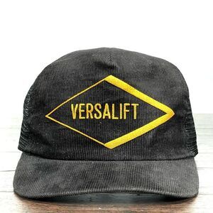 VTG VERSALIFT Snapback Trucker Hat Black Corduroy‎ Mesh 80s FL Smith & Co USA